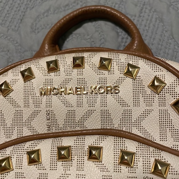 Michael Kors Small Cream, Light Brown Logo Studded Purse Backpack - Picture 4 of 13
